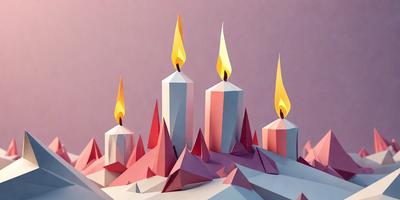 The primary subject of the image is a trio of lit candles on a pink and purple mountain. The setting is a pink and purple background, which adds a vibrant and colorful atmosphere to the scene. The visual style is a combination of digital art and illustration, creating a unique and eye-catching design. The colors and mood of the image are predominantly pink and purple, giving it a warm and inviting feel.